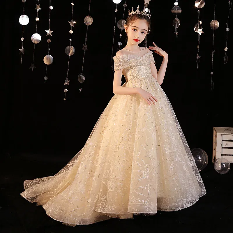 Color: Beige, Kid Size: 6 - Kids Champagne Bridesmaid Evening Dresses for Girls Princess Costume Luxury 2023 Birthday Party Gown Formal Child Wedding Dress