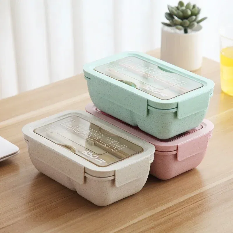 Color: Blue - 850/1100ML wheat straw lunch box bento box Microwave oven Students with lid canteen simple lunch box rectangular portable