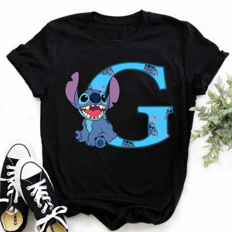 Color: green, Size: XXXL - Disney Lilo&Stitch A-Z Alphabet Summer Women's Printed T-Shirt Women's Casual Tops T-Shirt Fashion Cartoon Plus Size T-Shirt