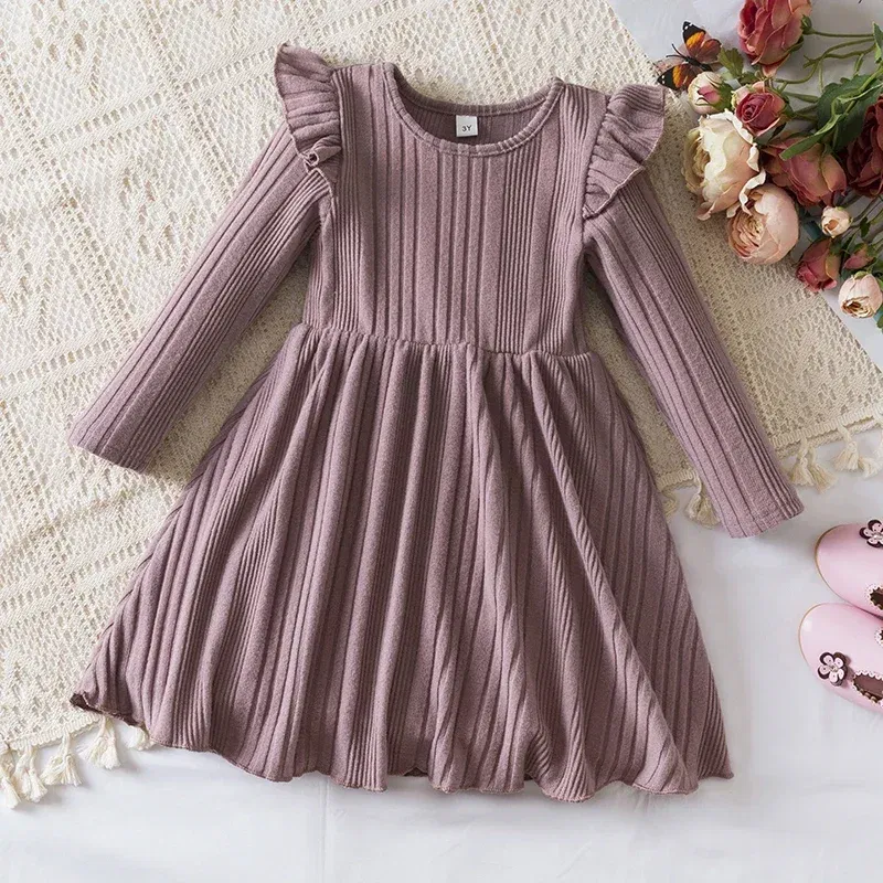 Color: GRAY, Kid Size: 7 - Autumn and Winter Girls Knitted Sweater Dress Solid Color Soft Long Sleeve Dress Children Christmas Costume Birthday Casual Wear