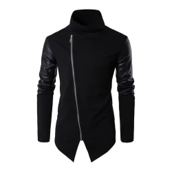 Men's Casual Stand Collar Slim Knit Leather Panel Jacket