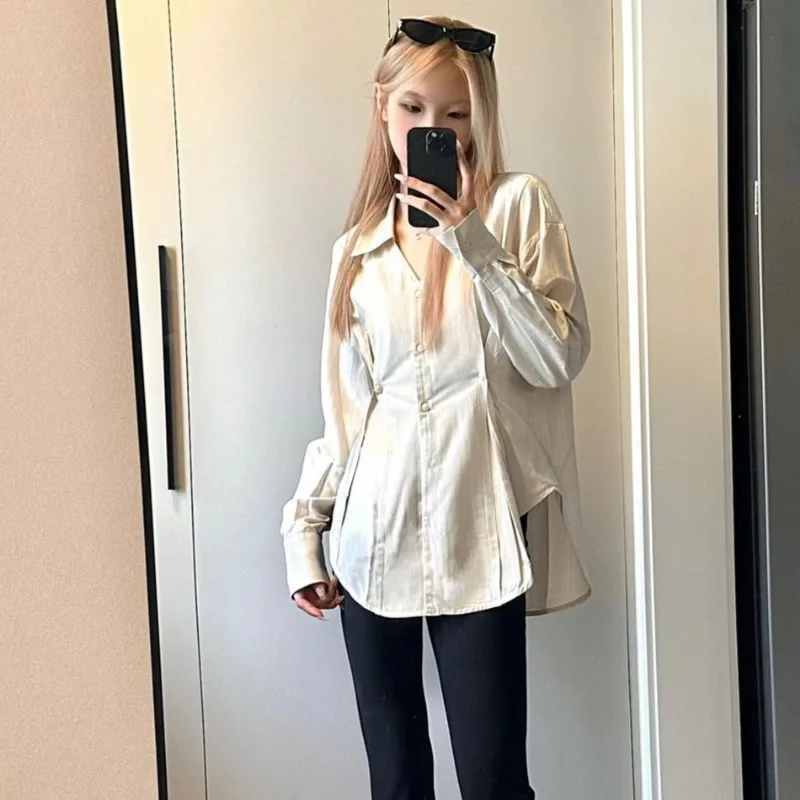 Color: Beige, Size: S - OL Shirts Women Slim Irregular Hem Design Single Breasted Design New Long Sleeve Tops Korean Trendy Simple All-match Temperament