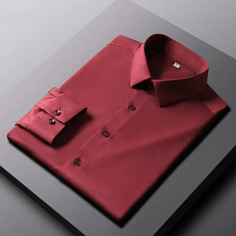Color: Red, Size: M - Men's Casual and Fashionable Long Sleeved Solid Color Shirt Non Ironing and Wrinkle Resistant Business Top