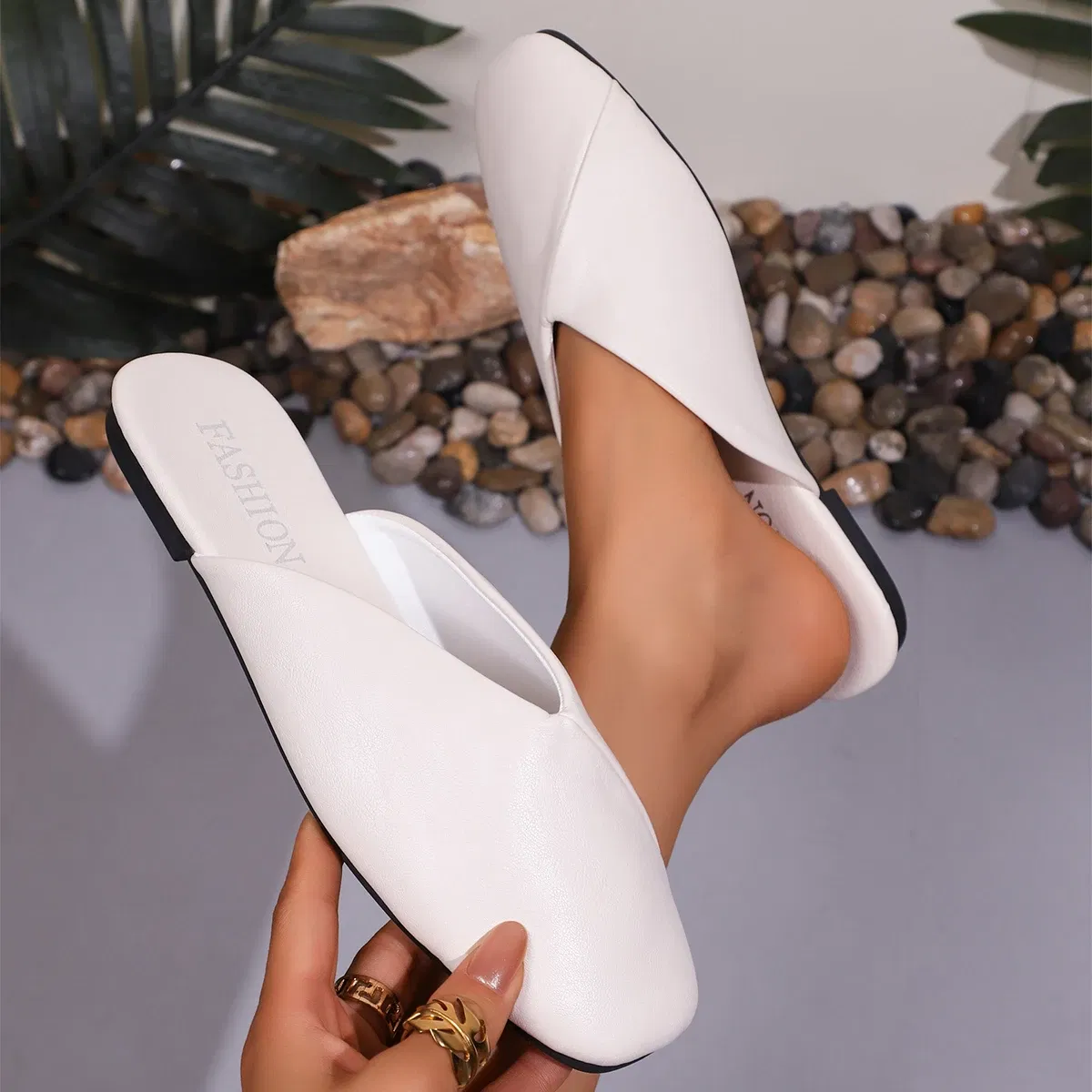 Color: Beige, Shoe Size: 40 - Fashion Slip on Mules Big Size 43 Flat Slippers 2024 Summer Women Flat Casual Outdoor Square Toe Shoes Ladies Slippers