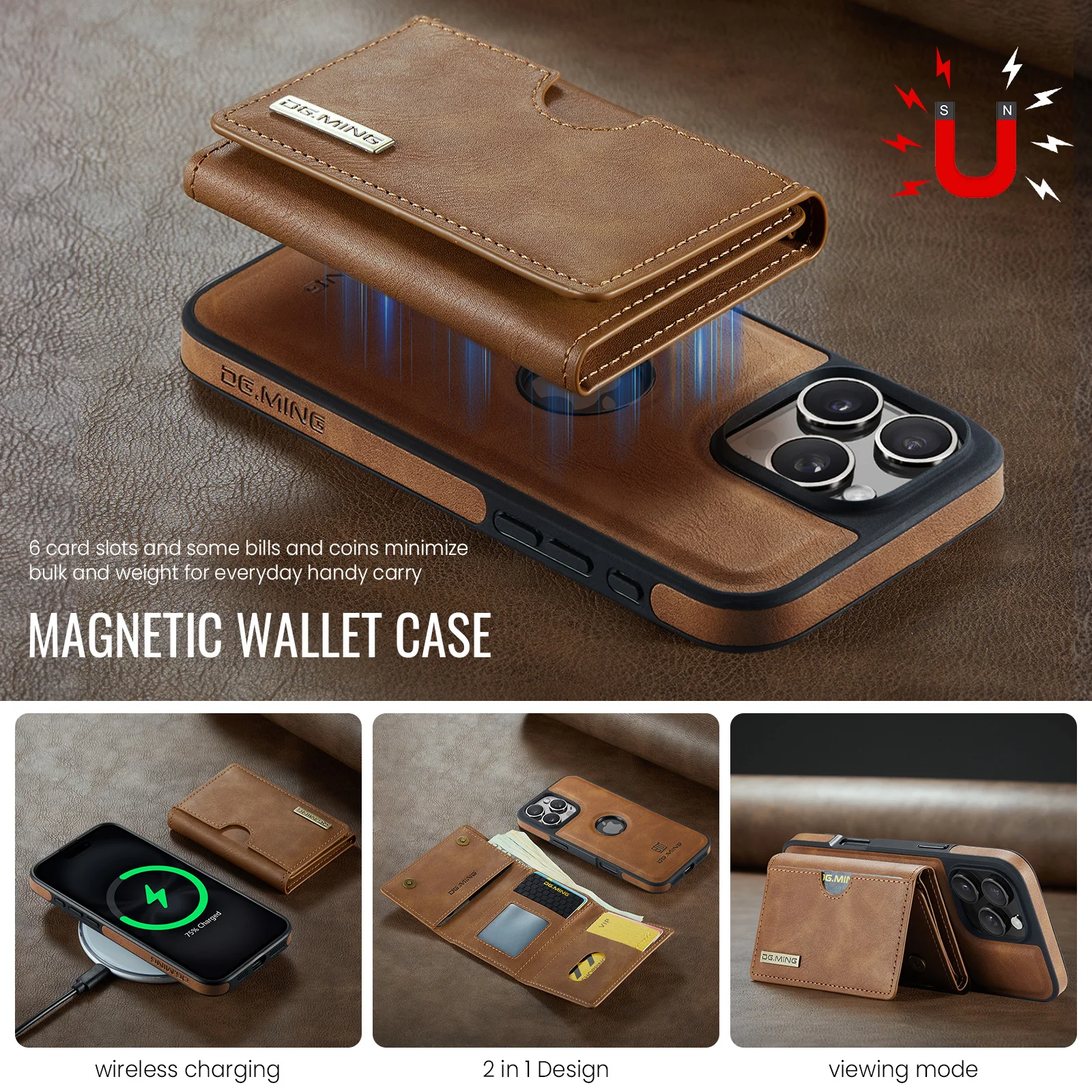 Color: Brown, Material: PU - Detachable 2 IN 1 Magnetic For Magsafe Leather Case For iPhone 16 Pro Max 15 12 13 11 14 Plus 16e Flip Wallet Card Holder Cover