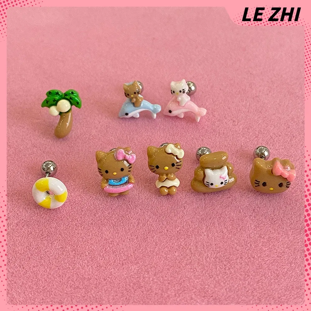 Color: Dark Khaki, Size: M - Hawaii HelloKitty Cute Ear Stud Coconut Palm Earrings Anime Accessories Maiden Heart Girls Birthday Present Fashion Jewelry Gift