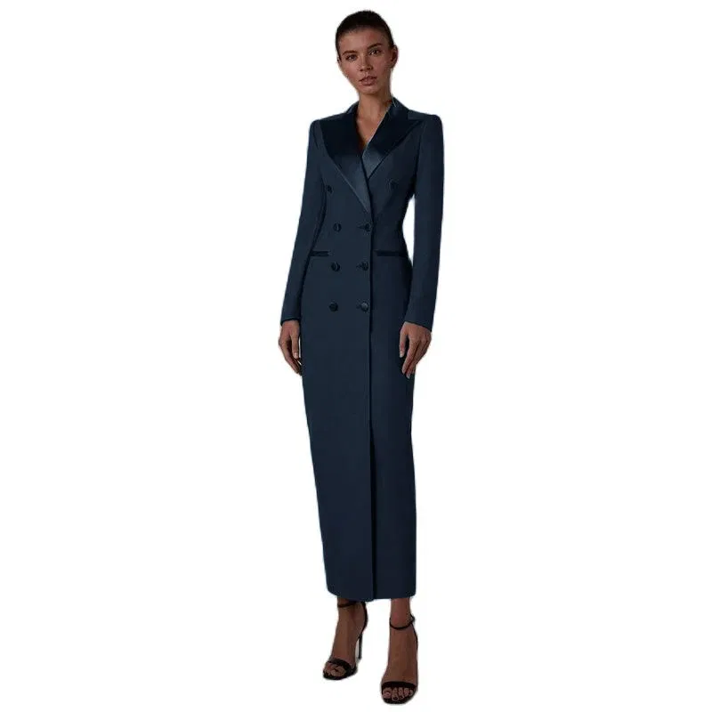 Color: Navy Blue, Size: L - Women's Suit Long Jacket One Piece Blazer Double Breasted Formal Tuxedo Party Dress кос?‚юм ?¶?µнский