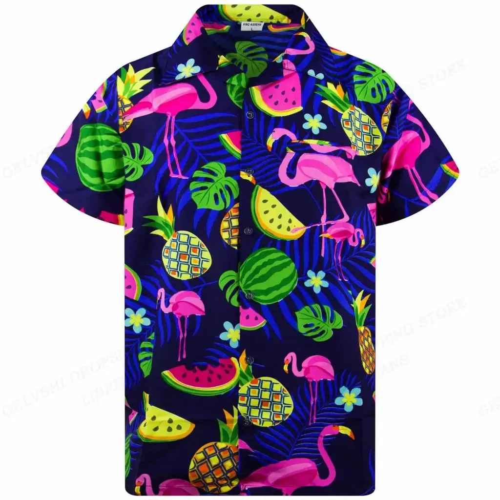 Color: Blue, Size: 5XL - Flamingo Hawaiian Shirts Beach Summer Men's Shirt Tropic Leaf 3D Print Shirts Men Women Fashion Blouse Short Sleeve Vocation