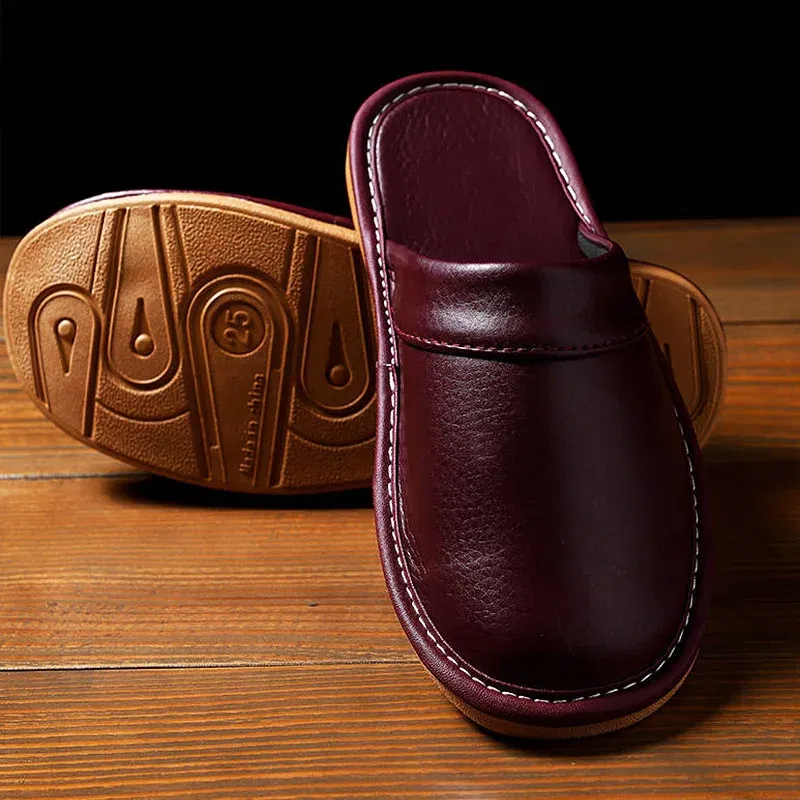 Color: Blue, Shoe Size: 8 - Mens Bedroom Leather Slippers Unisex Black Home Shoes Big Size 47 48 Man's Slippers Indoor Comfy Males Slides Family Flats Shoes