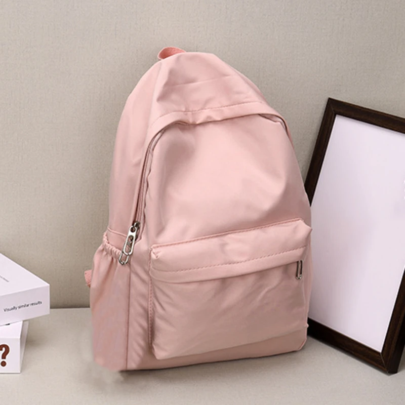 Color: Beige - Women Schoolbag Waterproof Large Capacity School Backpack Smooth Zipper Solid Color Teens Girl Casual Daypack Bag Student Supply
