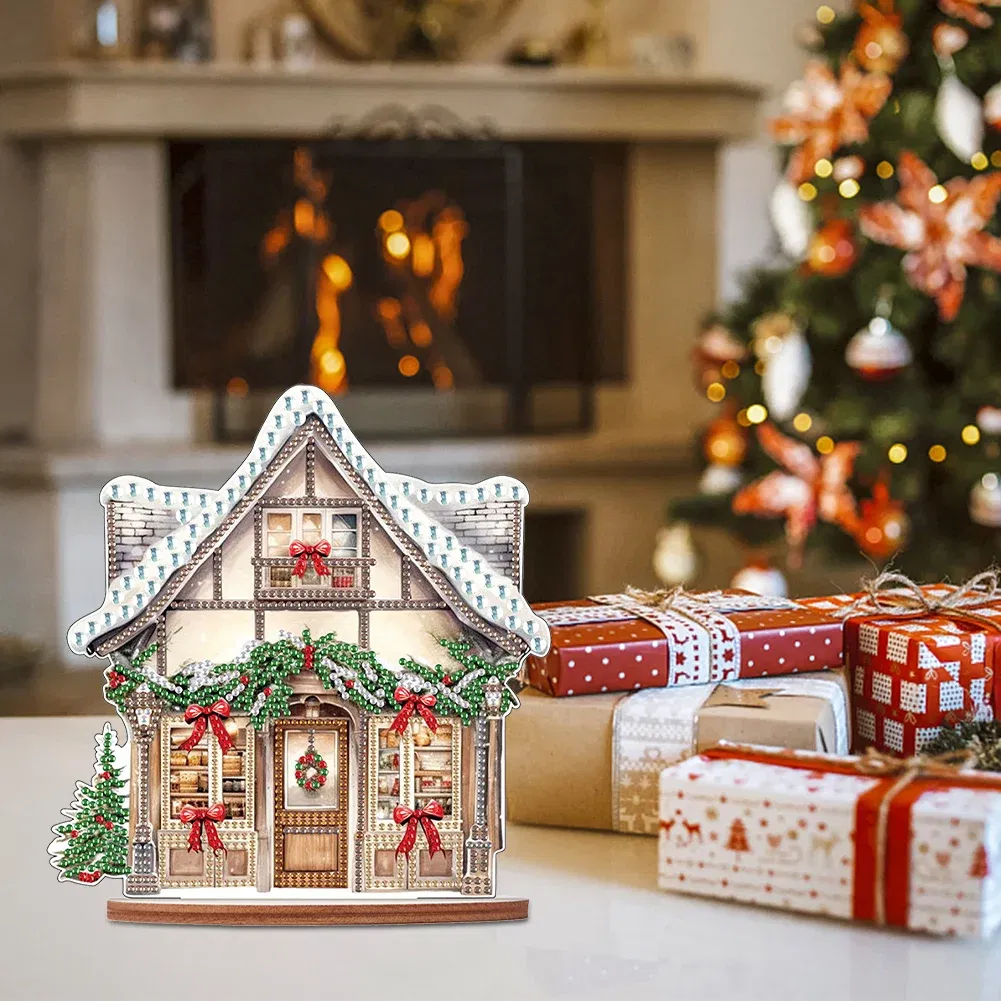 Wooden Diamond Painting Desktop Ornaments Kit Xmas Shop DIY Diamond Art Tabletop Decorations for Xmas Table Office Home Decor