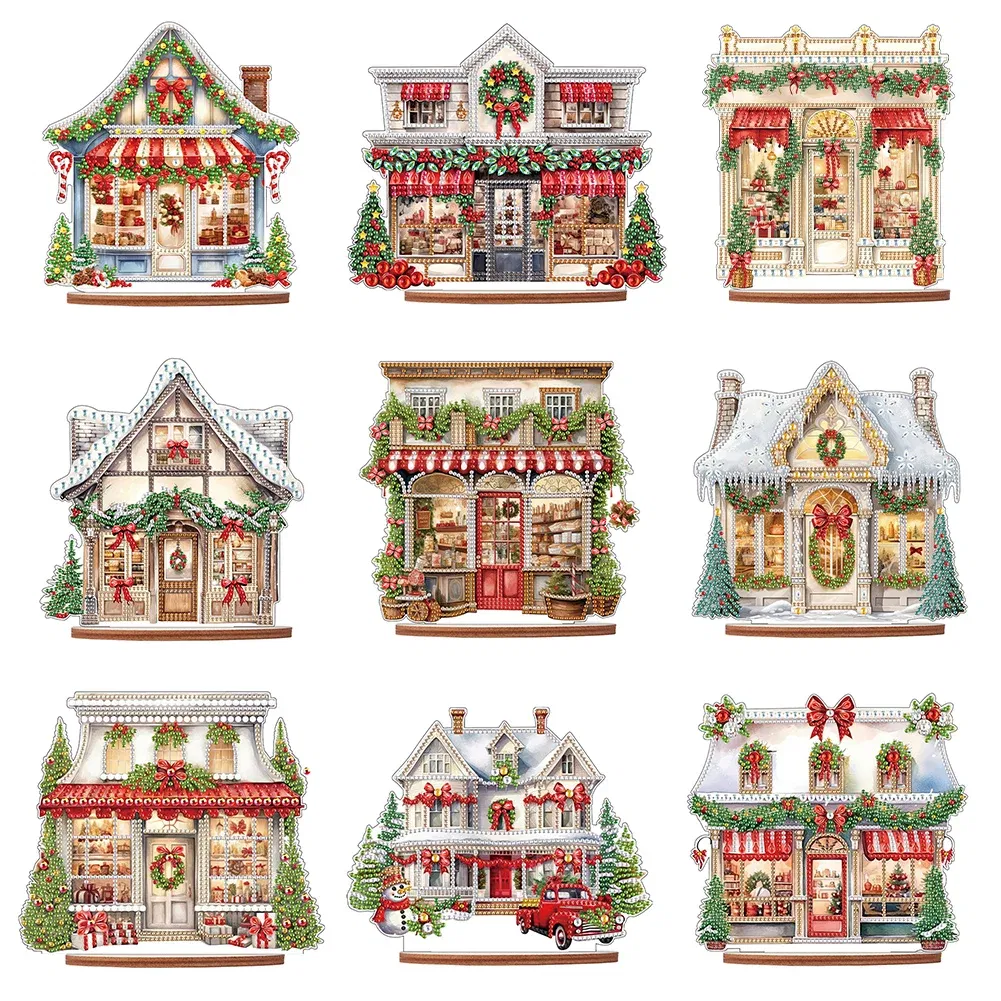 Wooden Diamond Painting Desktop Ornaments Kit Xmas Shop DIY Diamond Art Tabletop Decorations for Xmas Table Office Home Decor