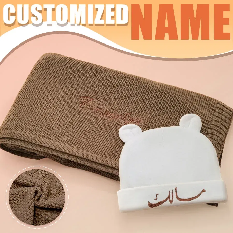 Color: Burgundy, Size: Option 2, Ships From: CN - Personalized Baby Name Newborn Cotton Beanie and Knitted Blanket Set Embroidered Name Covering and Cute Hat Gift Set