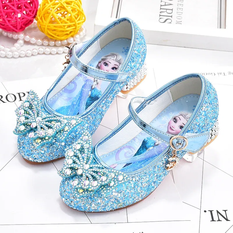 Color: SKY BLUE, Shoe Size: 34 - Disney Princess Elsa Leather Shoes Girls' High Heels Shoes Fashion Girls' Crystal Shiny Children's Blue Pink Shoes Size 26-35