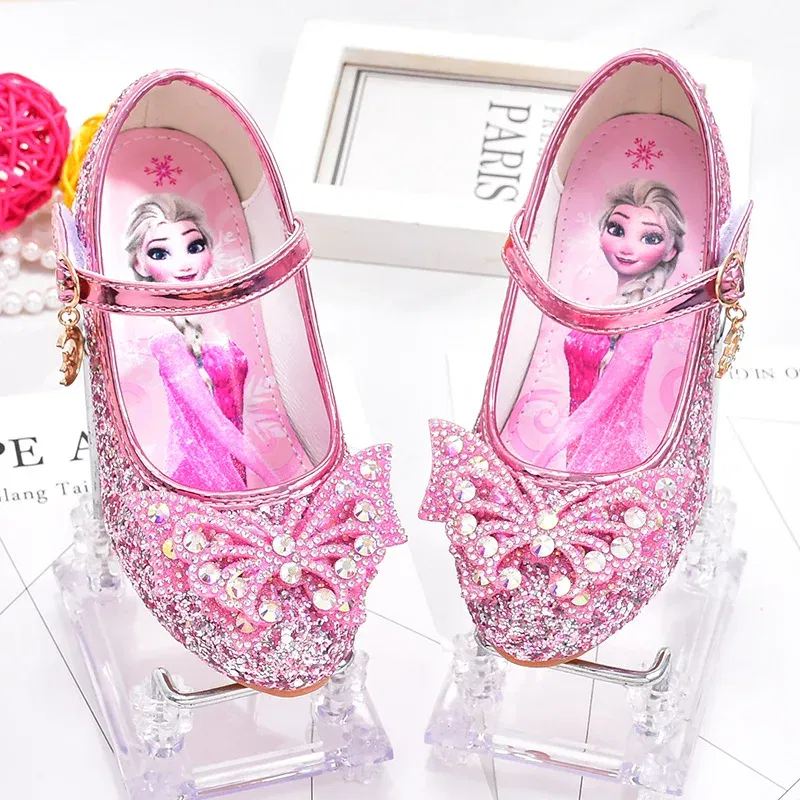 Color: SKY BLUE, Shoe Size: 34 - Disney Princess Elsa Leather Shoes Girls' High Heels Shoes Fashion Girls' Crystal Shiny Children's Blue Pink Shoes Size 26-35