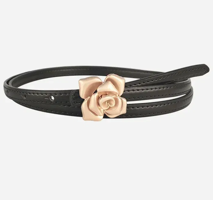 Color: black, Belt Length: 105CM - 1.0cm New Unique Rose Genuine Leather Gold Belt Women Fashion Cowskin Flower Thin Belts Female Jeans Dress Waistband