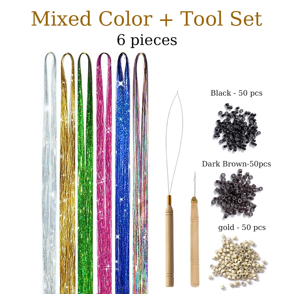 Color: #2, Stretched Length: 24inches - 48 Inch Hair Tinsel Kit With Tool 1200 strands Tinsel Hair Extensions 12 Colors Fairy Hair Tinsel, Sparkling Shiny Hair Tinsel