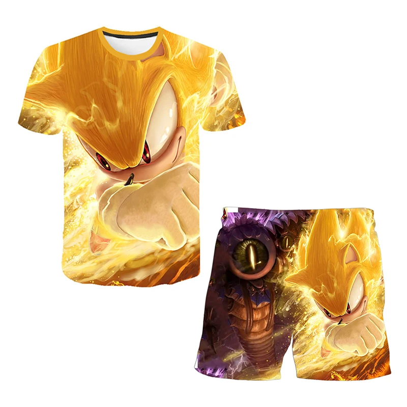 Color: light yellow, Size: 40cm - New Japanese cartoon Sonic T-shirt children's top T-shirt shorts two-piece set summer boy cartoon cute T-shirt+beach pants