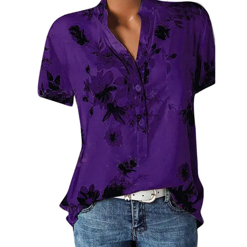 Color: Fuchsia, Size: L - Temperament new women's shirt printing large size casual shirt loose V-neck short-sleeved shirt blouse