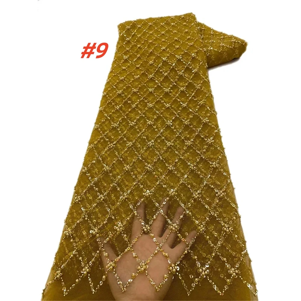 Color: Beige, Length: 5 yards, Width: 120cm - Gold African Sequins Lace Fabric 2025 High Quality French Nigerian Groom Lace Mesh Fabrics Beads For Sewing Dress Wedding Party