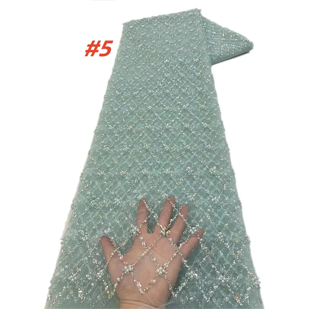 Color: Beige, Length: 5 yards, Width: 120cm - Gold African Sequins Lace Fabric 2025 High Quality French Nigerian Groom Lace Mesh Fabrics Beads For Sewing Dress Wedding Party