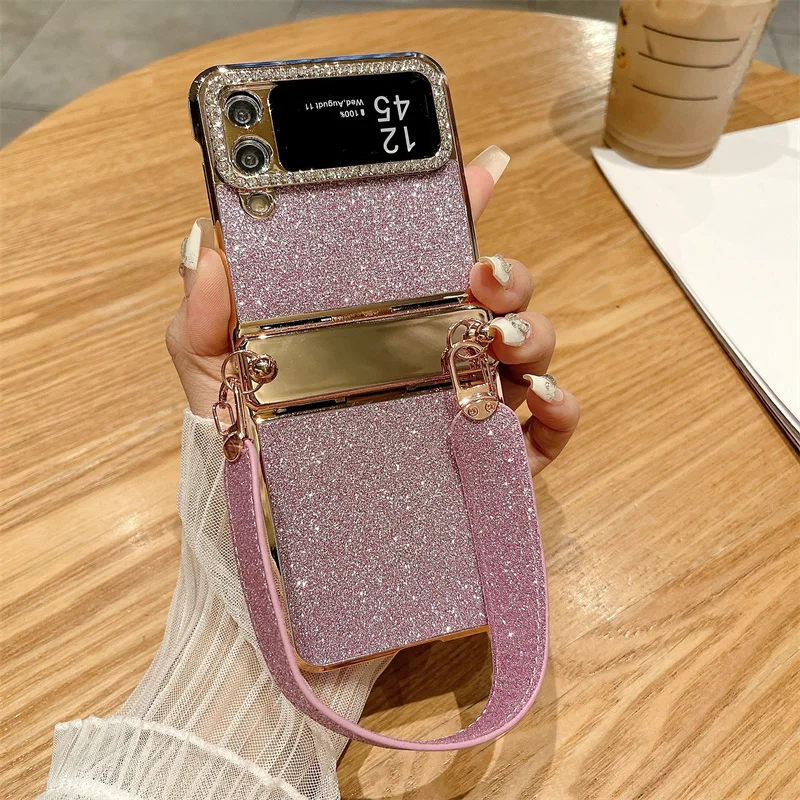 Color: Gold, Material: aluminum - For Samsung Galaxy Z Flip 6 5 4 3 Case 3D Jewelled Diamond Luxury Gradient Bling Glitter Wrist Strap Holder Tote Bags Cover