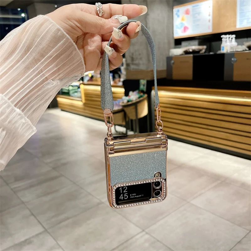 Color: Gold, Material: aluminum - For Samsung Galaxy Z Flip 6 5 4 3 Case 3D Jewelled Diamond Luxury Gradient Bling Glitter Wrist Strap Holder Tote Bags Cover