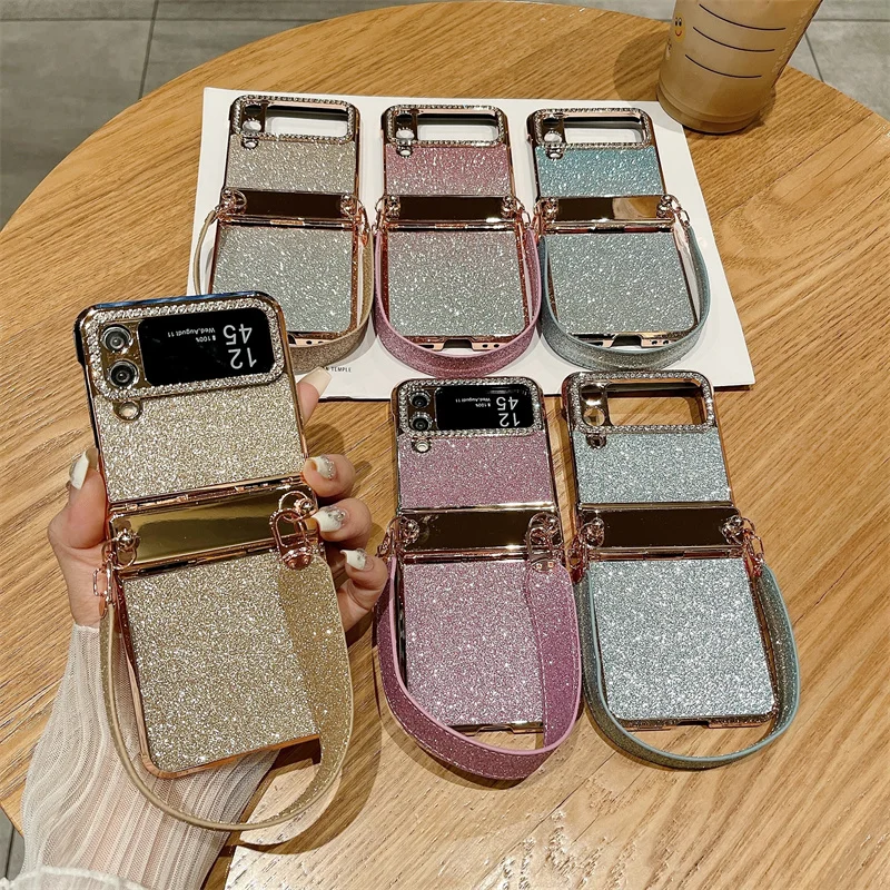 Color: Gold, Material: aluminum - For Samsung Galaxy Z Flip 6 5 4 3 Case 3D Jewelled Diamond Luxury Gradient Bling Glitter Wrist Strap Holder Tote Bags Cover