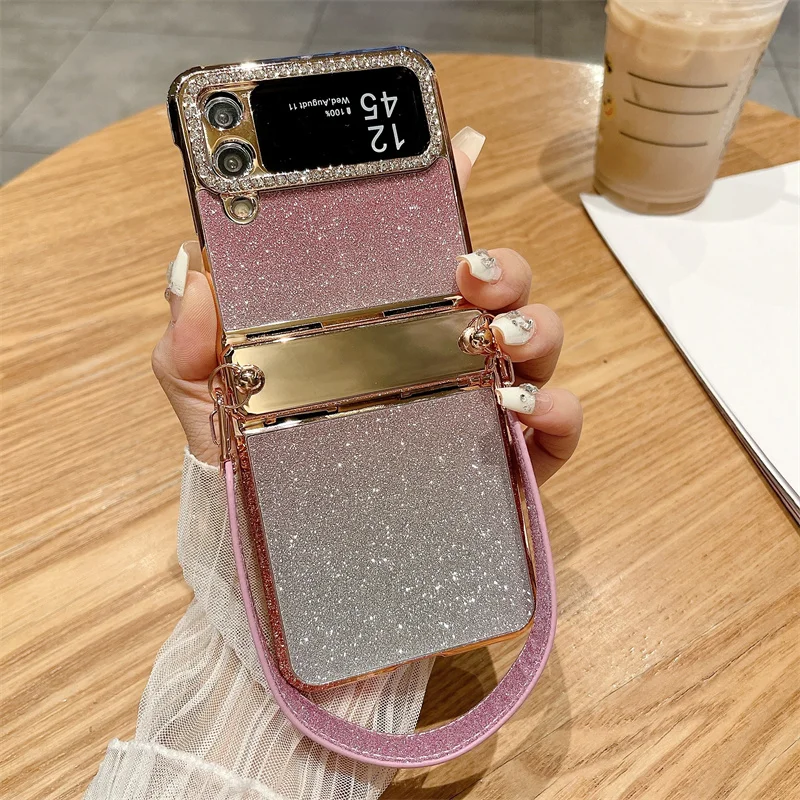 Color: Gold, Material: aluminum - For Samsung Galaxy Z Flip 6 5 4 3 Case 3D Jewelled Diamond Luxury Gradient Bling Glitter Wrist Strap Holder Tote Bags Cover