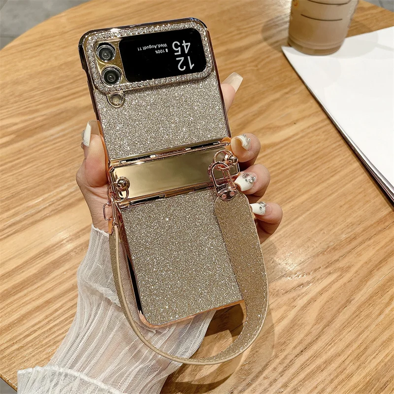 Color: Gold, Material: aluminum - For Samsung Galaxy Z Flip 6 5 4 3 Case 3D Jewelled Diamond Luxury Gradient Bling Glitter Wrist Strap Holder Tote Bags Cover