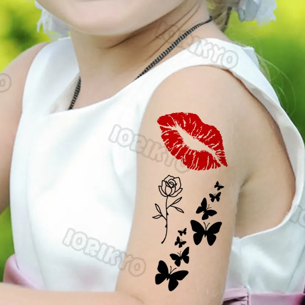 Color: Chocolate - Sexy Red Lips Flower Temporary Tattoo For Kids Boys Girls Adult Small Rose Butterfly Tattoos Sticker Fake Tatoos Arm Neck Face