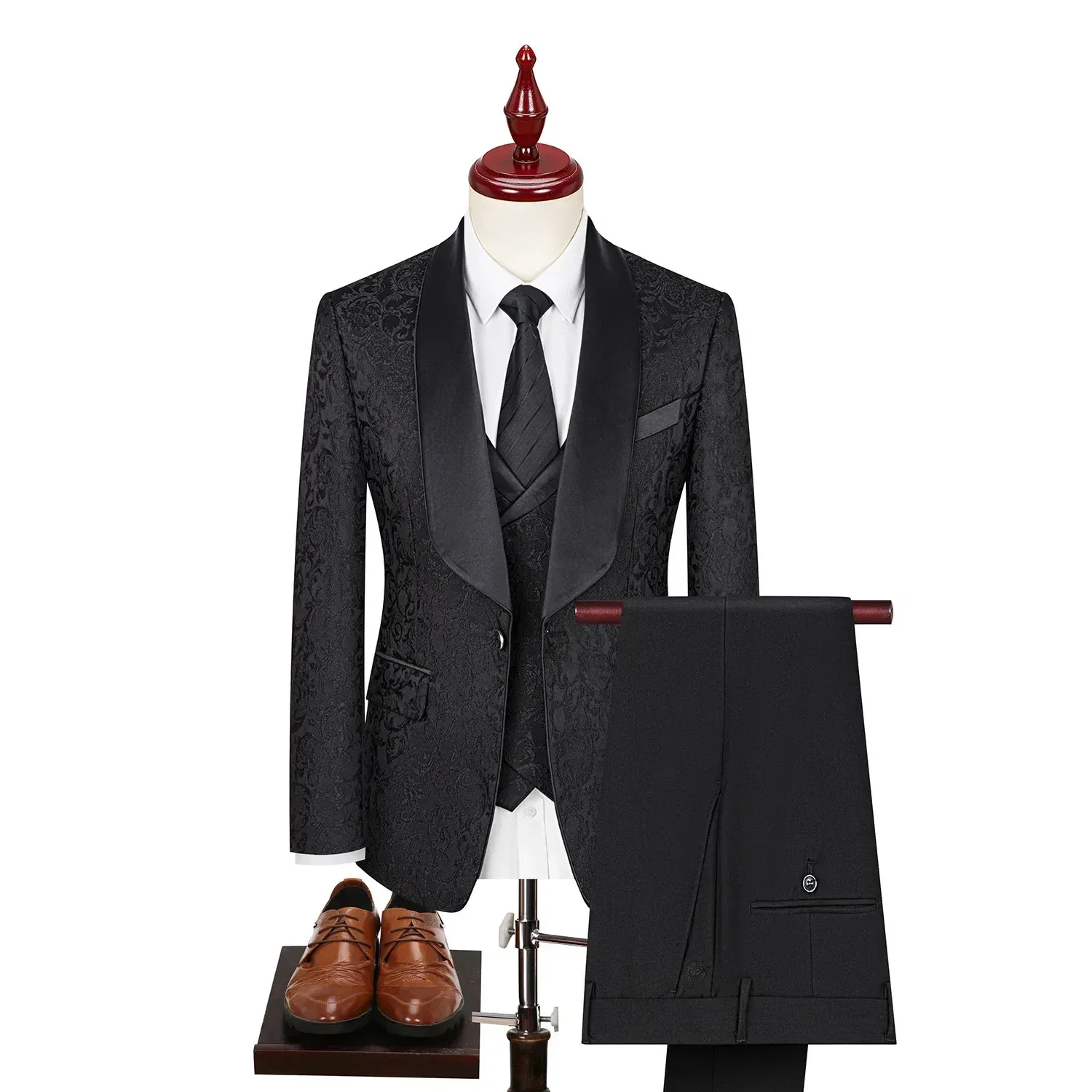 Color: Beige, Size: XXS - 2024 Plus-size Men's Jacquard Suit Wedding Dress Groom Suit Host Performance Costume Wedding Suits for Men
