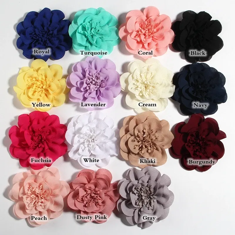 Color: Yellow - 1PC 10CM 3.8" Big Chiffon Flowers Hair Clips Hairpins Handmade Artificial Rolled Rose Fabric Flower For Girls Head Accessories