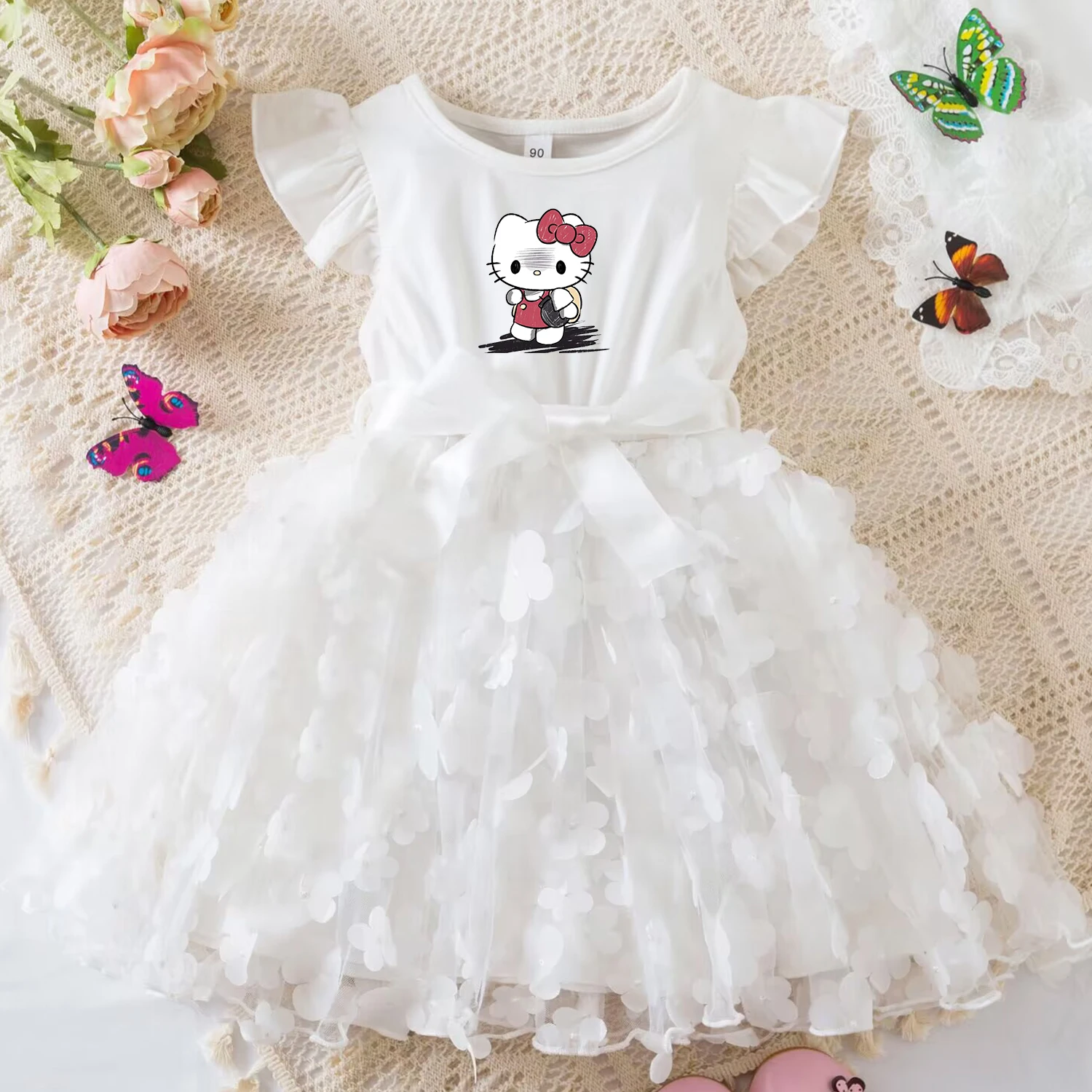 Color: Silver, Size: XS - Hello Kitty Summer Dress for Kid's Casual Clothes 3D Butterfly Cute Baby Girls Princess Dress Party Dresses 2-6 Yrs