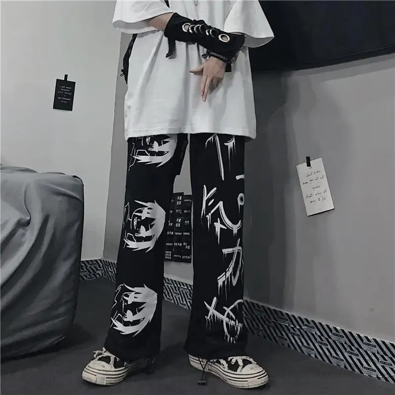 Color: black, Size: XXL - Black Japenese Printed Anime Y2k Sweatpants Male Streetwear Wide Leg Oversize Baggy Pants Casual Sport Causl Trousers Men 2023