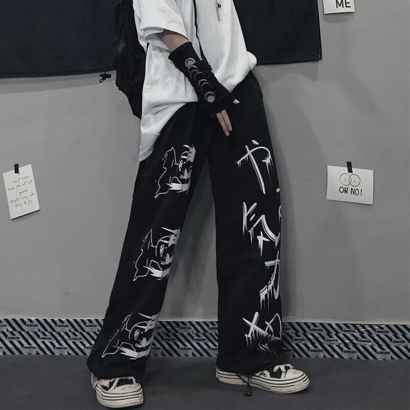 Color: black, Size: XXL - Black Japenese Printed Anime Y2k Sweatpants Male Streetwear Wide Leg Oversize Baggy Pants Casual Sport Causl Trousers Men 2023