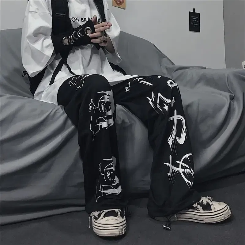 Color: black, Size: XXL - Black Japenese Printed Anime Y2k Sweatpants Male Streetwear Wide Leg Oversize Baggy Pants Casual Sport Causl Trousers Men 2023