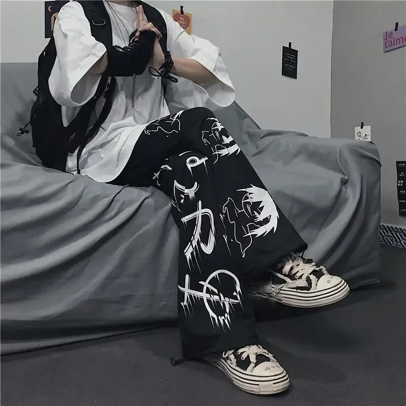 Color: black, Size: XXL - Black Japenese Printed Anime Y2k Sweatpants Male Streetwear Wide Leg Oversize Baggy Pants Casual Sport Causl Trousers Men 2023
