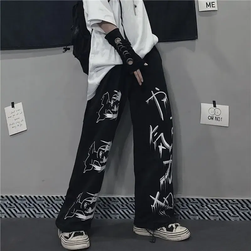 Color: black, Size: XXL - Black Japenese Printed Anime Y2k Sweatpants Male Streetwear Wide Leg Oversize Baggy Pants Casual Sport Causl Trousers Men 2023