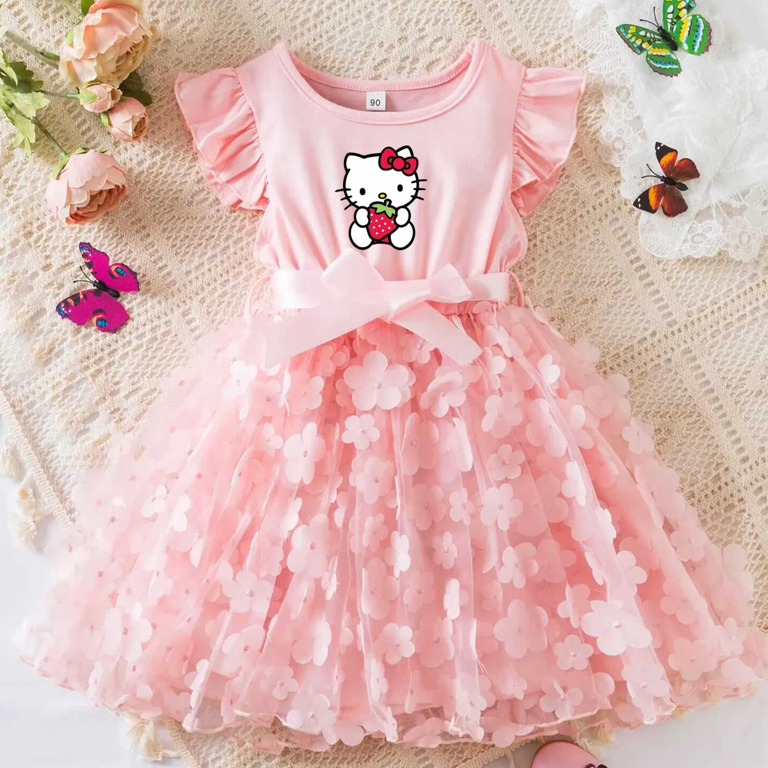 Color: Gold, Size: L - Hello Kitty Summer Dress for Kid's Casual Clothes 3D Butterfly Cute Baby Girls Princess Dress Party Dresses 2-6 Yrs