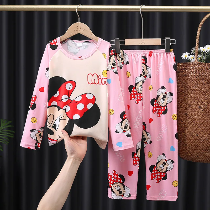 Color: Beige, Kid Size: 8T - 2pcs/set New Children Pyjamas Minnie Elsa Duck Cartoon Girls Sets Kid Home Wear boys and girls Travel Casual Sleepwear Suit