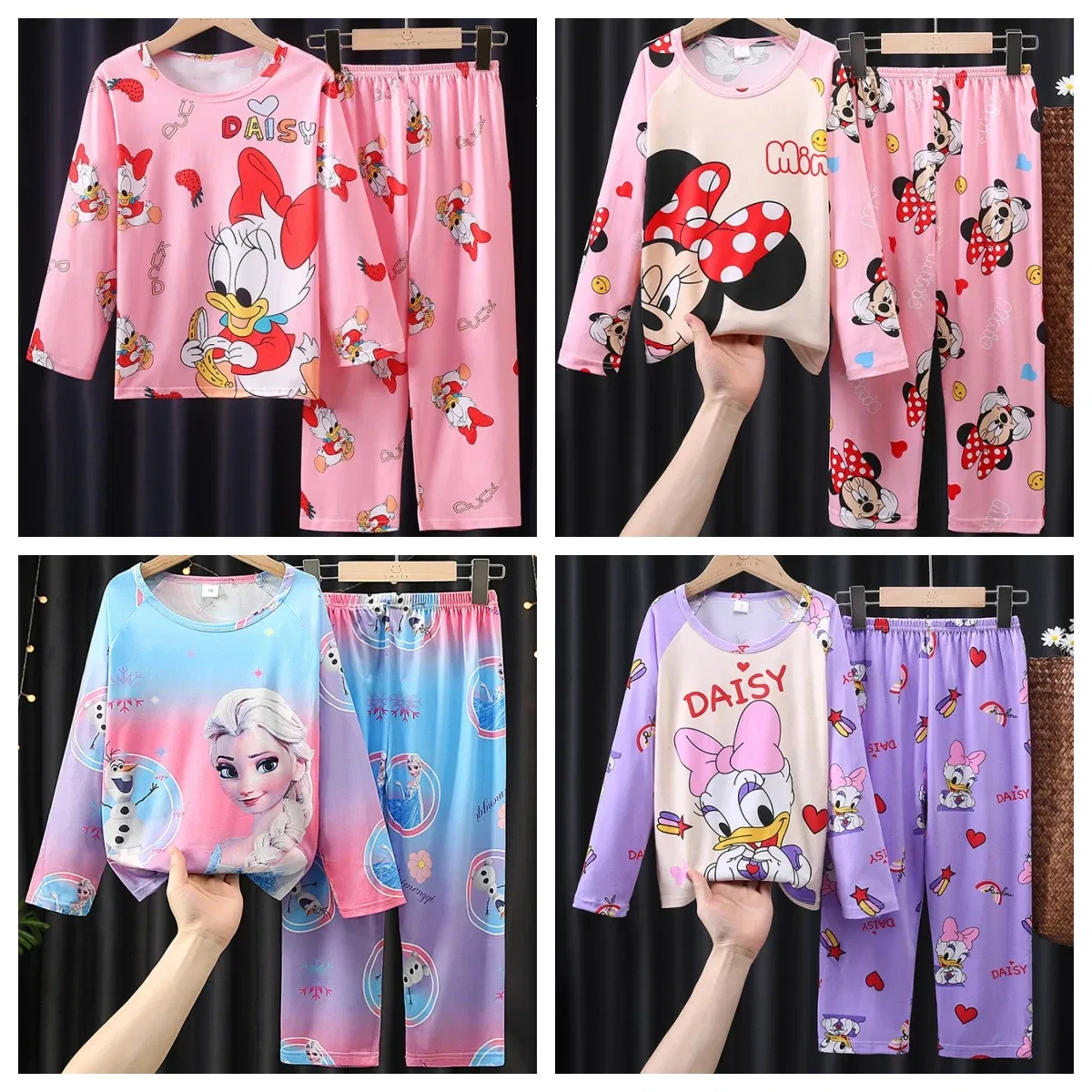 Color: Beige, Kid Size: 8T - 2pcs/set New Children Pyjamas Minnie Elsa Duck Cartoon Girls Sets Kid Home Wear boys and girls Travel Casual Sleepwear Suit