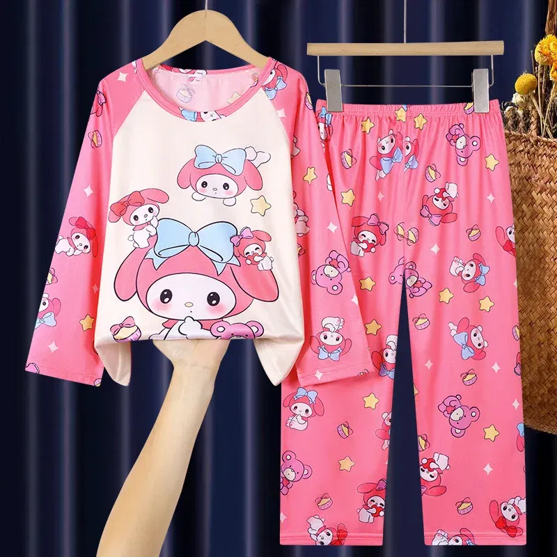 Color: Beige, Kid Size: 8T - 2pcs/set New Children Pyjamas Minnie Elsa Duck Cartoon Girls Sets Kid Home Wear boys and girls Travel Casual Sleepwear Suit