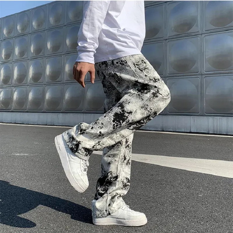 Color: black, Size: L - Printed jeans Unisex Elastic waist Spring 2025 Mopping Trousers Jeans Mens Fashion Korean Style High Street Loose Hip Hop Pants