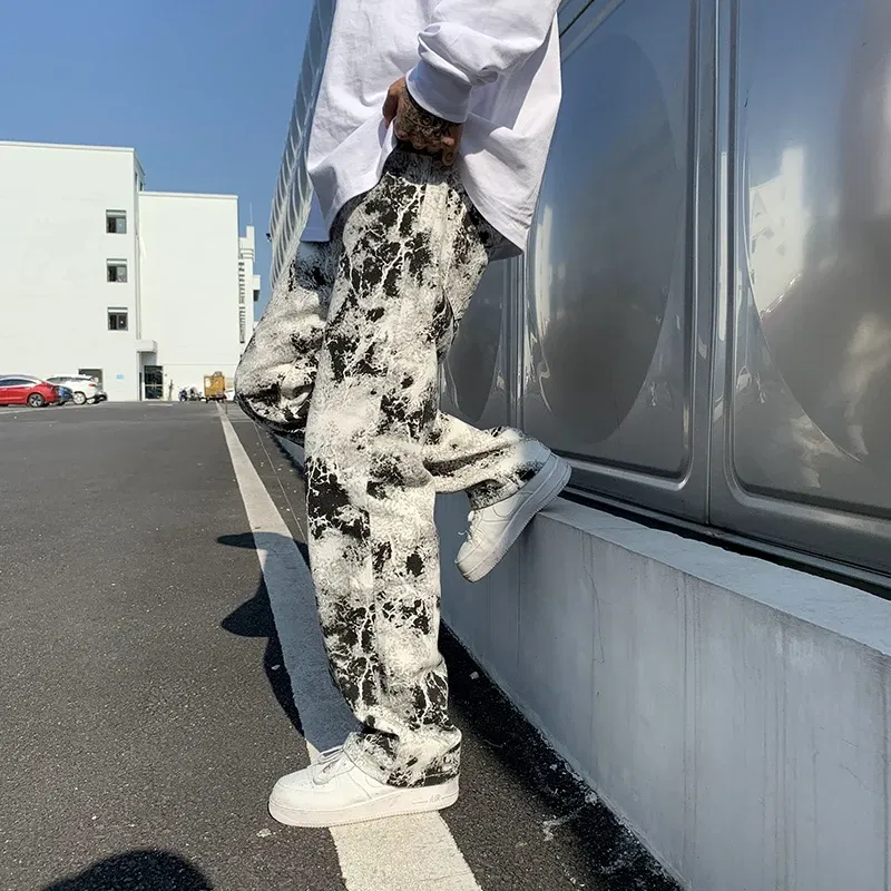 Color: black, Size: L - Printed jeans Unisex Elastic waist Spring 2025 Mopping Trousers Jeans Mens Fashion Korean Style High Street Loose Hip Hop Pants
