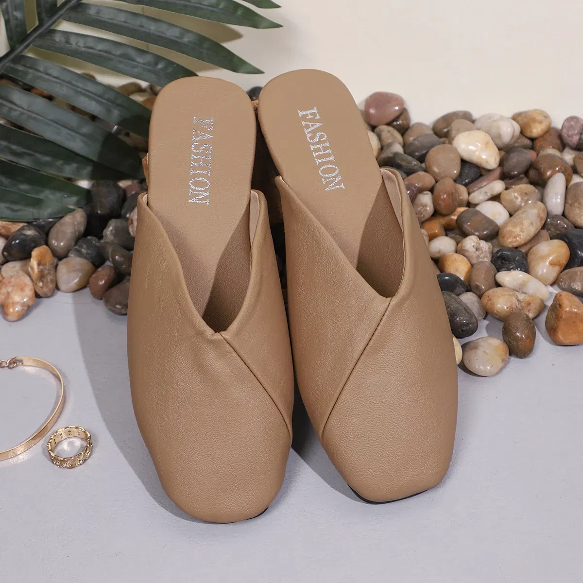Color: Beige, Shoe Size: 42 - Fashion Slip on Mules Big Size 43 Flat Slippers 2024 Summer Women Flat Casual Outdoor Square Toe Shoes Ladies Slippers