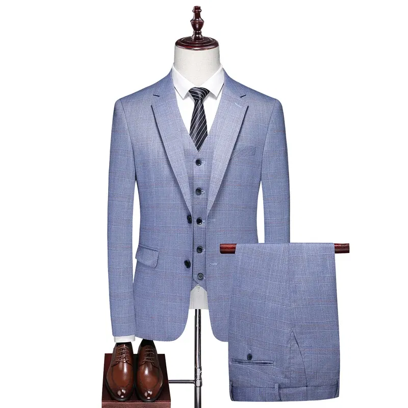 Color: Khaki, Size: XL - High-End Three-Piece Men's Wedding Suit with Vest And Trousers Fashion Business Casual Groom's Dress All-In-One