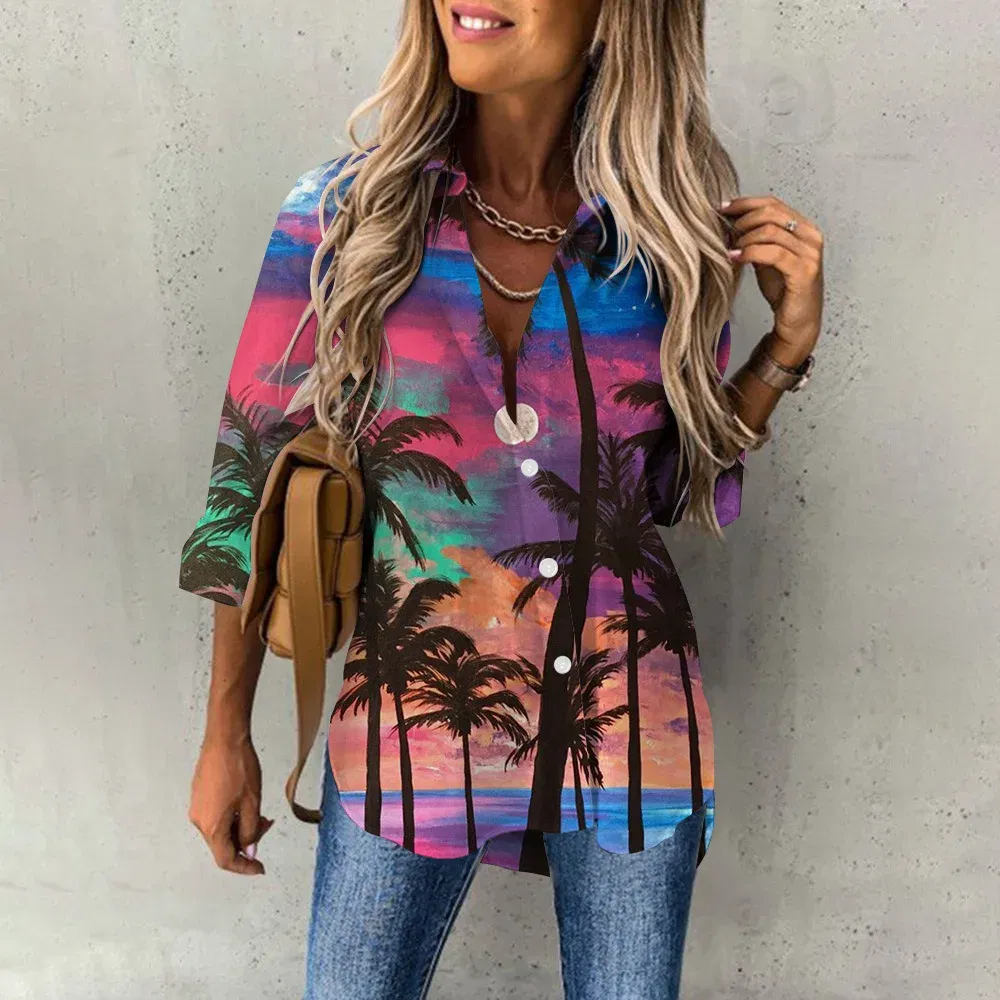 Color: Blue, Size: L - Ladies Long Sleeved Shirt Vacation Style Coconut Tree 3D Digital Printed Button Up Collar Loose Casual Ladies Blouse 2024 Autumn