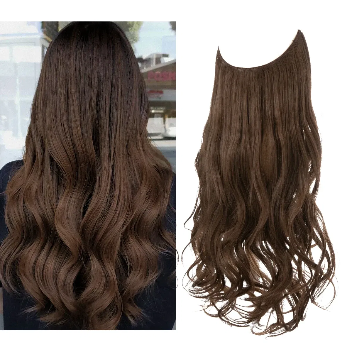 Color: #144, Stretched Length: 14inches - Synthetic No Clip Wave Hair Extensions Ombre Natural Black Blonde Pink One Piece False Hairpiece Fish Line Fake Hair Piece