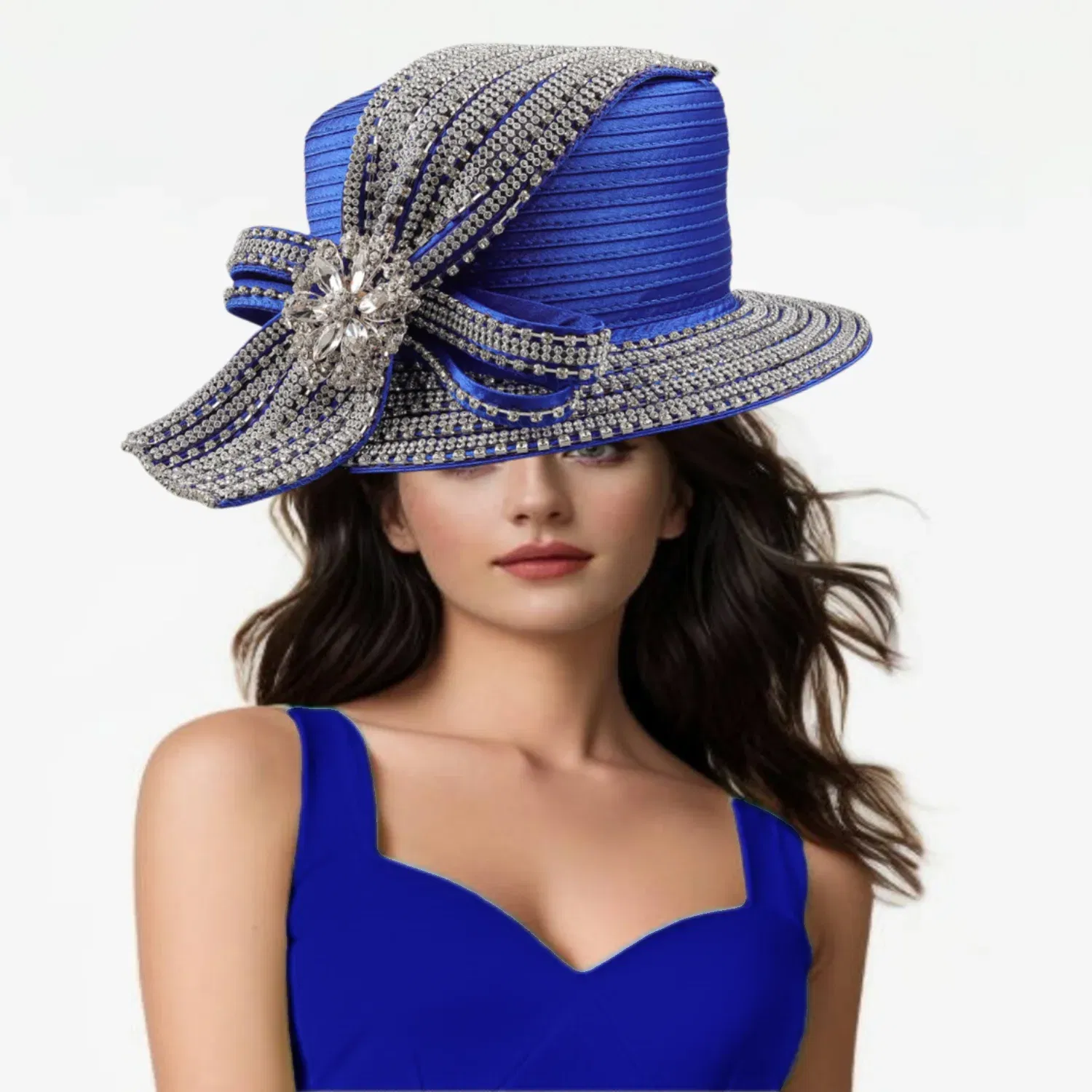 Color: ROYAL BLUE - Unique Satin Cloth Church Hat Perfect Photography Rhinestone Formal Top Hat Deluxe Banquet Flower Wedding Hat Female Fascinator